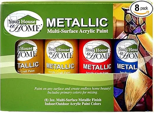 Metallic Multi-Surface Acrylic Craft Paint Set of 8, Great for indoor/outdoor use and great for all surfaces including Paper, Canvas, Wood, Metal, Plaster, Plastic, Fabric, Glass, and Ceramics!