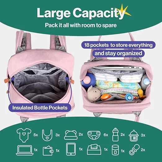 BabbleRoo Diaper Bag Backpack - Baby Essentials Travel Tote Multi function Waterproof Bag, with Changing Pad, Stroller Straps & Pacifier Case Unisex, Pink