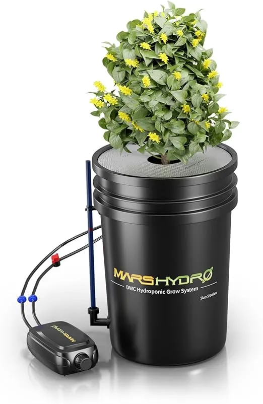 Mars Hydro DWC Hydroponics Grow System 5 Gallon Deep Water Culture with 4W Air Pump, Multi-Purpose Air Hose, Air Stone, 1 Buckets and Top Drip Kit