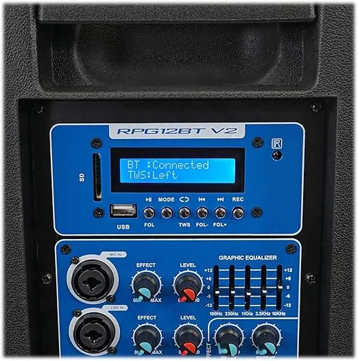 Rockville RPG12BT V2 12" Powered 800W DJ PA Speaker with Bluetooth, Remote, EQ, 2 Inputs, Deep Bass, Black - Perfect for Events, Live Music, and Parties