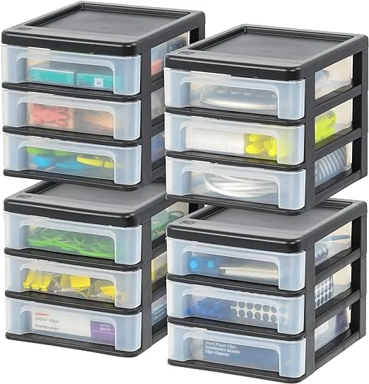 IRIS USA Plastic Stacking Desk Top 3-Drawer Storage Organizer, 4-Pack, for Makep Vanity Nail Polish Bathroom Stationery Art Craft Supplies Kitchen Office Garage and Small Organization, Small, Black