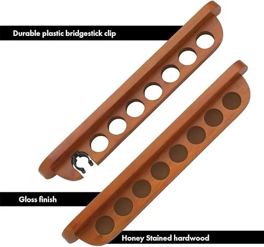 7 Pool Cue Stained Wood Wall Rack with Clip for Bridge Cue