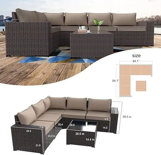 Kullavik Outdoor Patio Furniture Set 6 Pieces Sectional Rattan Sofa Set Brown PE Rattan Wicker Patio Conversation Set with 5 Sand Seat Cushions and 1 Tempered Glass Table