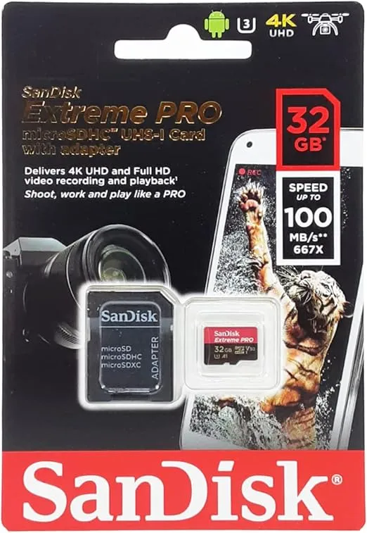 SanDisk Extreme PRO microSDHC Memory Card Plus SD Adapter up to 100 MB/s, Class 10, U3, V30, A1 - 32GB SDSQXCG-032G
