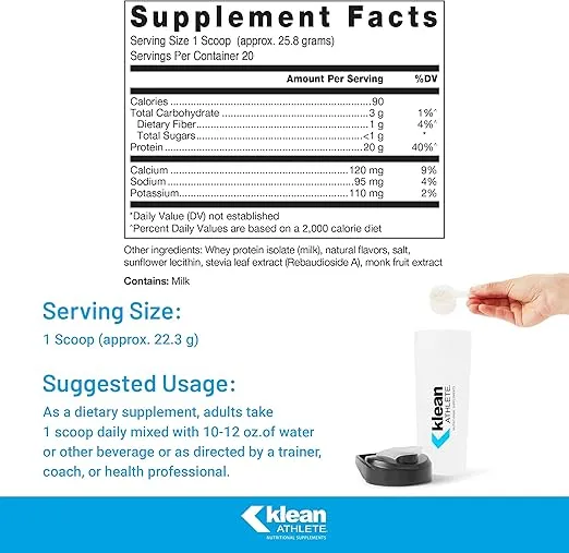 Klean ATHLETE Klean Isolate - Whey Protein Isolate - Daily Protein & Amino Acid - Intake for Muscle Integrity* - NSF Certified for Sport - 20 Servings - Natural Vanilla Flavor