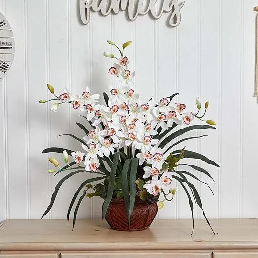 Nearly Natural Cymbidium with Decorative Vase Silk Arrangement