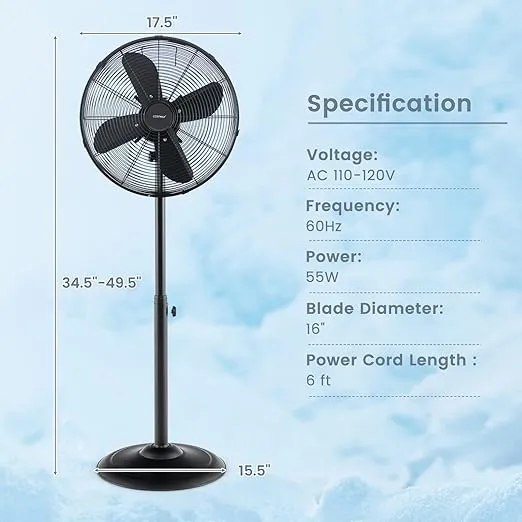 COSTWAY Metal Pedestal Fan, 16-inch Quiet High Velocity 75° Oscillating Standing Fan with Height Adjustable, 3 Wind Speed, 4 Blades, Widespread Floor Fan for Bedroom Home Office Shop, Black