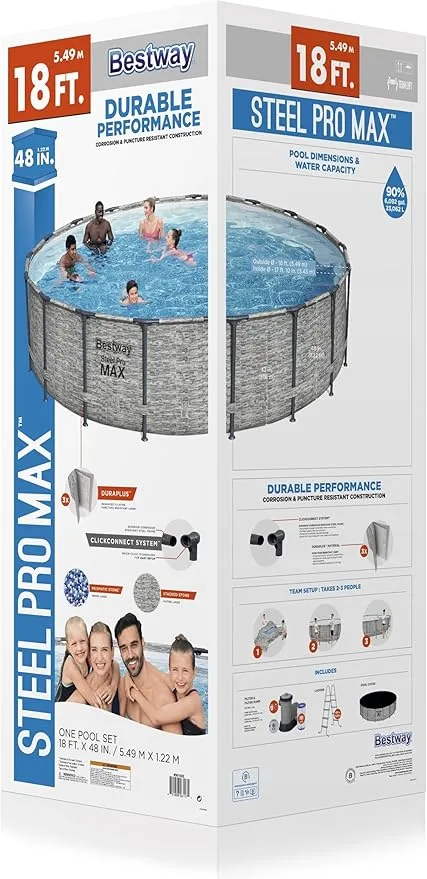 Bestway Steel Pro MAX 18’ x 48” Round Above Ground Pool Set | Frame Swmiming Pool Features Realistic Stone Print Liner | Includes 1500gal Filter Pump, 48" Ladder and 18' Pool Cover