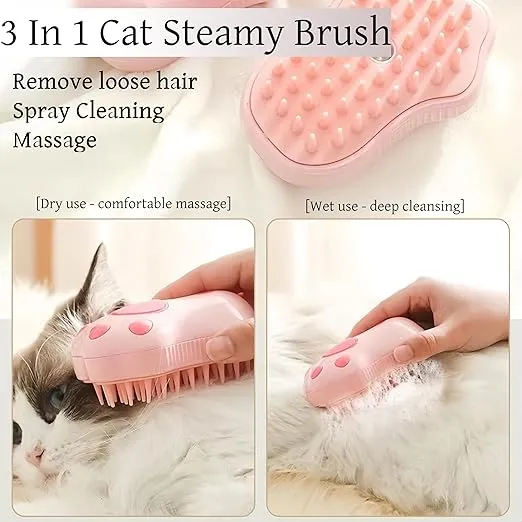 Cat Steam Brush, 3 in 1 Steamy Pet Brushes with Silicone Bristles, Steamy Brush for Shedding, Massage, Grooming, Cleaning, Pet Hair Brushes, Spritz Defur Comb For Cats & Dogs