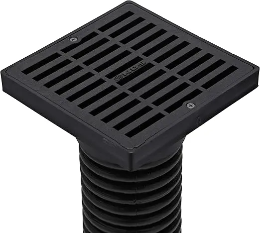NDS 640 6-Inch Square Grate with Low-Profile Adapter Drain, Connects to 3-Inch and 4-Inch Drain Pipes and Fittings, for Small Lawns, Landscaping and Patios, Plastic, Black