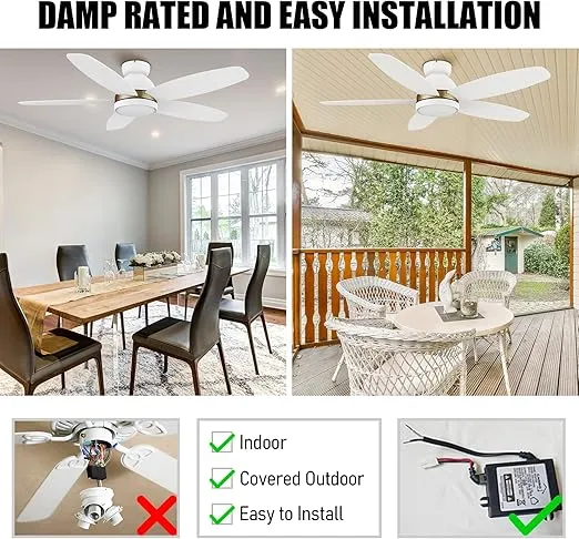 CEME 48" White Ceiling Fan with Light Flush Mount, Indoor & Outdoor Ceiling Fan with 10-Speed Quiet DC Motor, Smart Ceiling Fan Controlled by APP, Remote, Alexa, Siri & Google Home