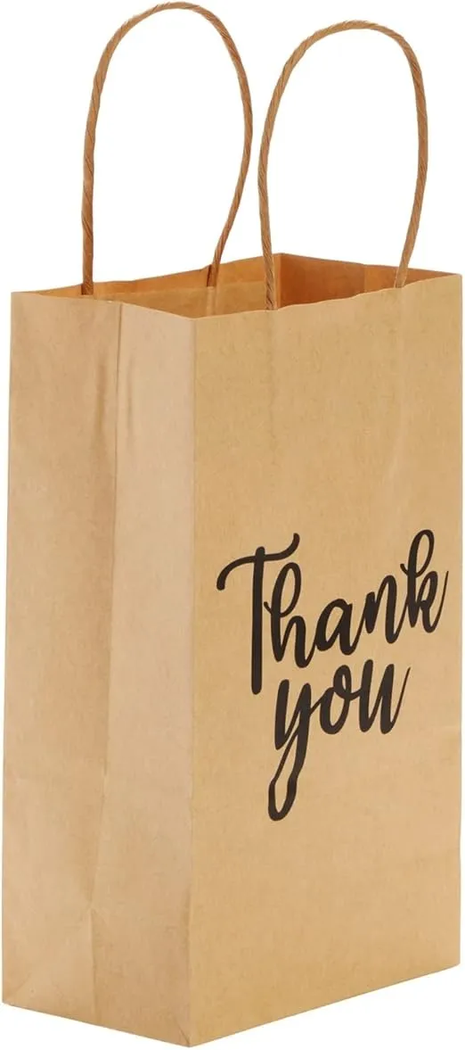Sparkle and Bash 100-Pack Small Thank You Gift Bags with Handles, Brown Kraft Paper Bulk Bags for Weddings, Birthday Party Favors, Gift Wrapping, Retail Small Businesses (9x5.3x3 in)