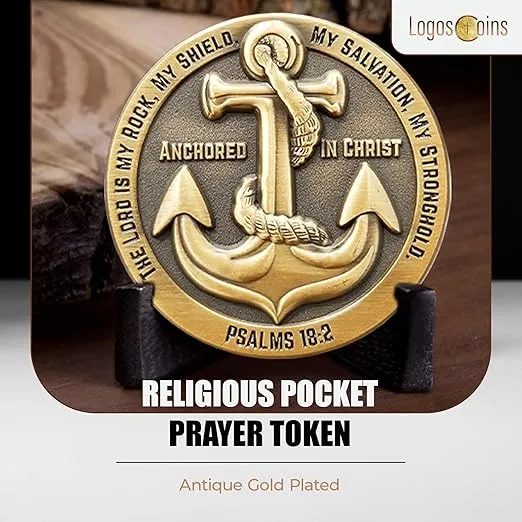 Anchored in Christ Prayer Coin, Jeremiah 29:11 The Lord is My Rock - 1.75" Antique Gold Plated Christian Challenge Coin - Motivational Bible Verse Gifts - Graduation Coins for Encouragement