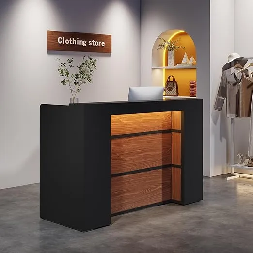 Tribesigns Reception Desk with LED Lights, 63 Inches Front Counter Desk for Checkout, Lobby, Salon, Retail, Modern Large Counter Table for Store Shop Clinic Office (Black&Brown)