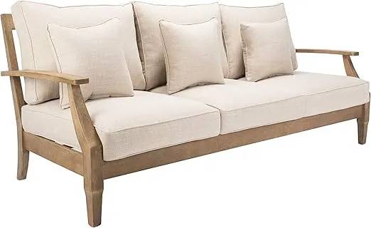 SAFAVIEH Couture Patio Martinique Natural and White Wood Outdoor Sofa, Natural/White