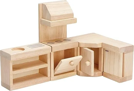 PlanToys Wooden Classic Line of Dollhouse Furniture- Kitchen Set (9013) | Sustainably Made from Rubberwood and Non-Toxic Paints and Dyes |PlanNatural Classic Wooden Toy Collection
