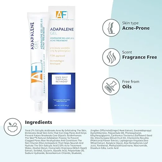 AcneFree Adapalene Gel 0.1%, Once-Daily Topical Retinoid Acne Treatment, Dermatologist Developed, Unclogs Pores and Clears Acne, Prevents and Improve Whiteheads and Blackheads, 1.6 Ounces