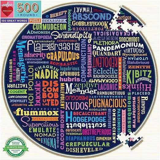 eeBoo: Piece and Love 500 100 Great Words Piece Round Circle Jigsaw Puzzle, Puzzle for Adults and Families, Glossy, Sturdy Pieces and Minimal Puzzle Dust