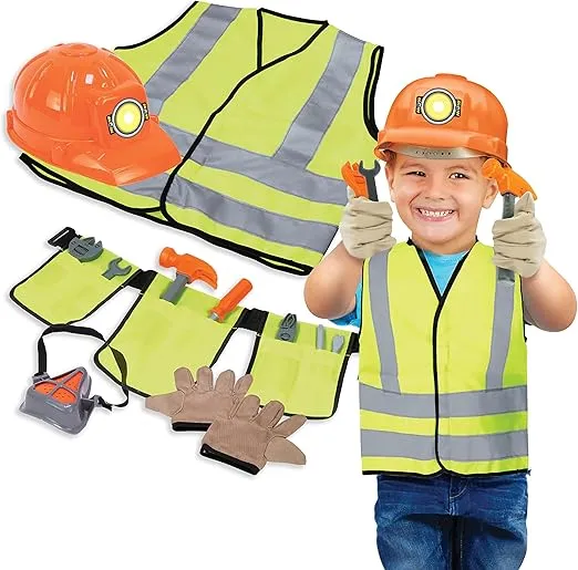 Dr. STEM Toys Construction Worker Roleplay Costume Set with Hat, Tools, Tool Belt, Gloves, and More - Orange and Yellow, One Size Fits Most Kids Ages 3 to 6