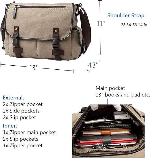 [Upgraded] Vintage Canvas Messenger Bag Large Book Laptop Shoulder Bag Women Men New