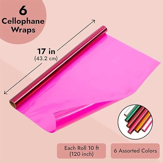 Bright Creations 6 Roll Cellophane Wrap - 6 Color Transparent Colored Wrapping Paper for Baskets Treats Crafts (17 Inch x 10 Feet) - Transparent Wrapping Paper - See Through Colored Wrapping Paper