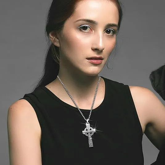 Celtic Cross Necklace ViKing Crucifix Necklace Bless Safety Religious Amulet Pendant Chain Gift for Men, Women, Family, Parent, Friend