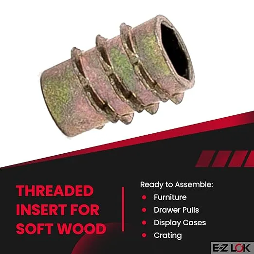 E-Z LOK Knife Threaded Insert for Soft Wood, Zinc Hex-Flush Thread Inserts 8-32 Internal Threads, 10mm Length Pack of 100