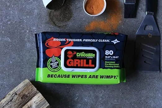 Crocodile Cloth Grill - 80 (15" x 10") Biodegradable Cleaning Wipes. Safe on Skin & Multiple Surfaces. Infused with Aloe & Vitamin E. Large, Pre-Moistened & Absorbent.