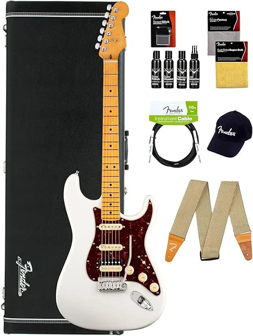Fender American Ultra Stratocaster HSS - Arctic Pearl Bundle with Case, Hat, Strap, Cable, and Guitar Cleaning Kit