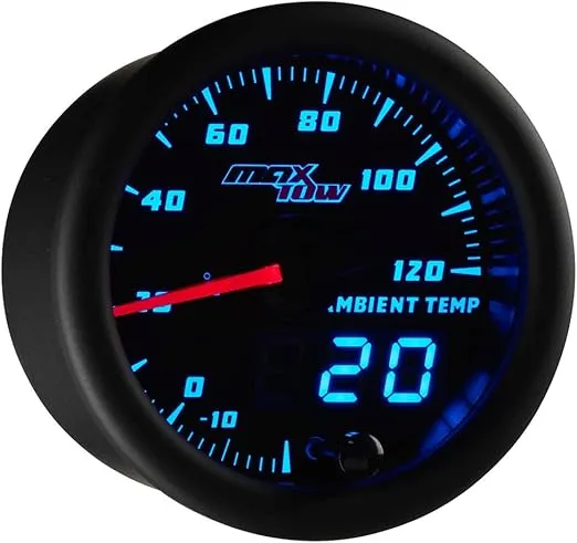 MaxTow Double Vision Ambient Air Temperature Gauge Kit - Reads Outside Temp from -20-120 F - Includes Sensor - Black Gauge Face - Blue LED Illuminated Dial - Analog & Digital Readouts - 2-1/16"