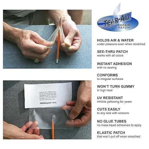 TEAR-AID Vinyl Repair Kit, Type B Clear Patch for Vinyl and Vinyl-Coated Materials, Works on Vinyl Tents, Awnings, Air Matresses, Pool Liners & More, Green Box, Single Pack