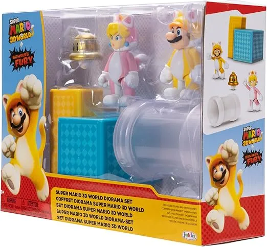 Super Mario Nintendo 2.5" Action Figures 3D World Diorama Includes Cat Mario and Cat Peach