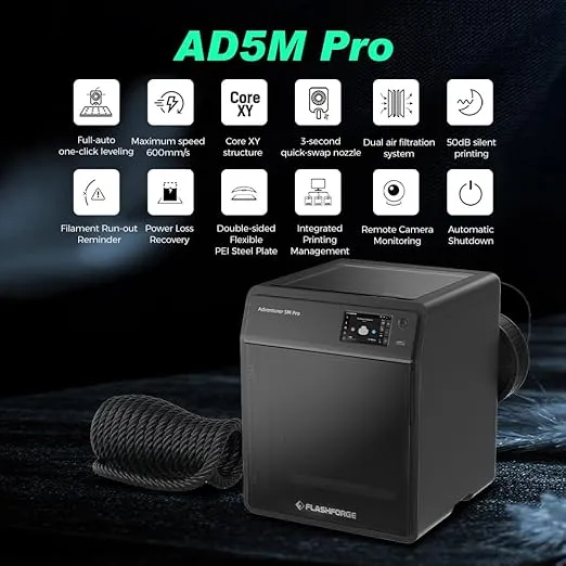 FLASHFORGE Adventurer 5M Pro 3D Pinter, 600mm/s High-Speed with 1 Click Fully Auto Printing Systerm, Quick Detachable 280°C Direct Extruder, Auxiliary Chamber Cooling, Remote Control, 220x220x220mm