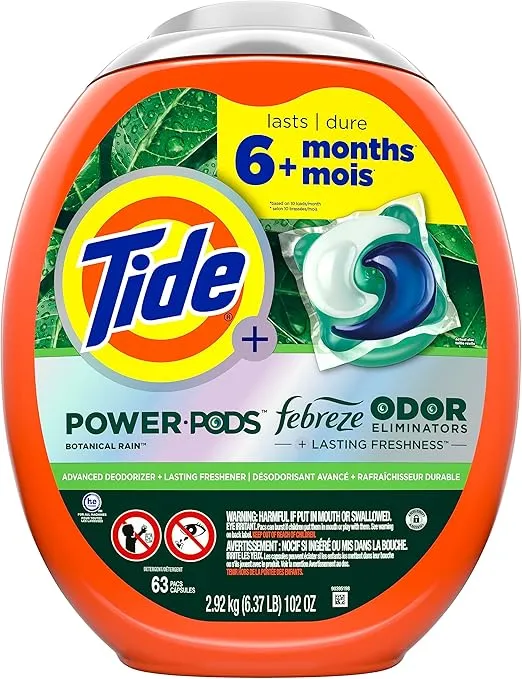 Tide Power Pods Laundry Detergent Pacs with Febreze, 63 Count, Botanical Rain Scent, Febreze Freshness with Odor Eliminators