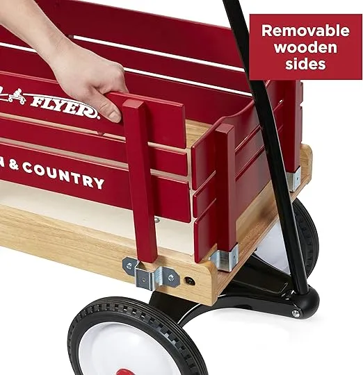 Radio Flyer Town and Country Wooden Wagon Kids Ride-On Outdoor Rolling Toy with Removable Side Panels and Foldable Long Handle, Red
