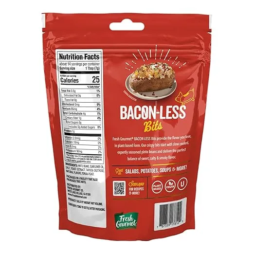 Fresh Gourmet Vegan Bacon-Less Bits - 3.5 oz Plant-Based Topping for Salads, Potatoes, Soups, and More Soy-Free, Kosher, and Smoky Flavor, Resealable Pouch (Pack of 1)