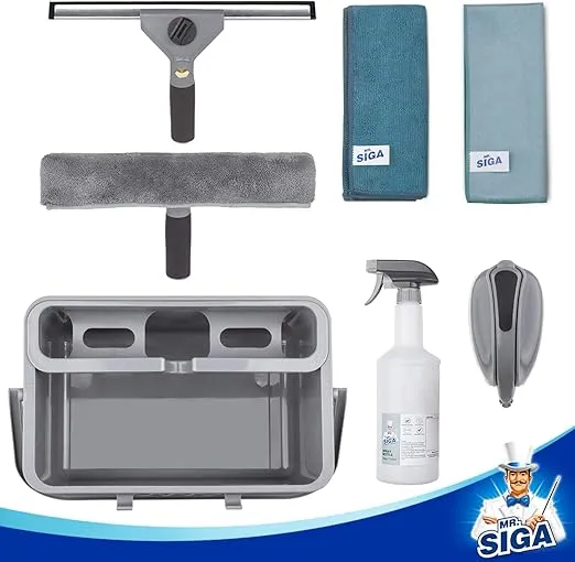 MR.SIGA Window Cleaning Kit with Storage Caddy, Professional Window Washing Equipment, Multi-Purpose Household Cleaning Supplies Kit