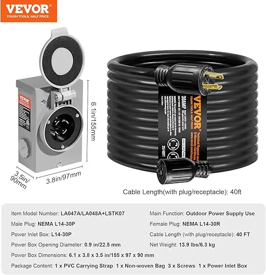 VEVOR 30 Amp Generator Cord and Power Inlet Box Kit, 40 FT Generator Extension Cord NEMA L14-30P/L14-30R STW 10 AWG with Twist Lock Connector, Pre-Drilled Inlet Box, ETL Listed