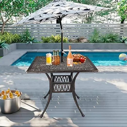 Grepatio 35.4" Square Cast Aluminum Dining Table, Compact Bistro Table with 2" Umbrella Hole Conversation Table, Antique Bronze