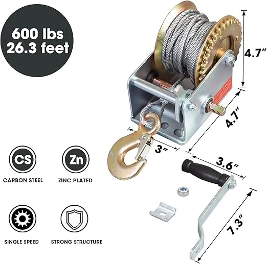BIG RED ATRT1061CR Torin 600lbs Capacity Manual Hand Crank Winch with 26.3FT Steel Cable