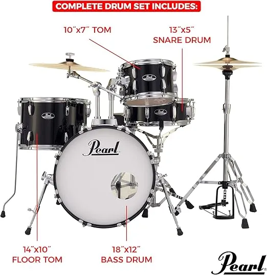 Pearl Roadshow Drum Set 4-Piece Complete Kit with Cymbals and Stands, Jet Black (RS584C/C31)