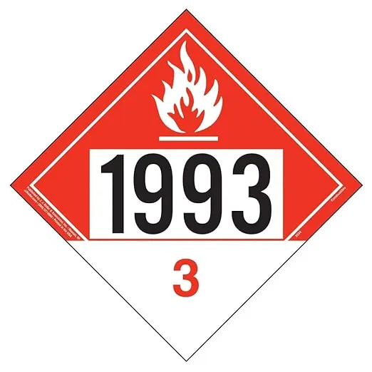 1993 Placard, Class 3 Combustible Liquid 10-pk. - 10.75" x 10.75" Removable Self Adhesive Vinyl for Temporary Applications - Complies with DOT Hazmat Placard Requirements