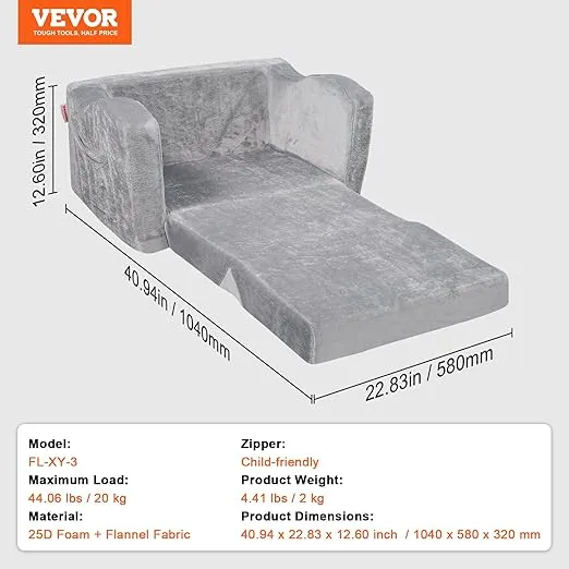 VEVOR Kids Couch, Toddler Chairs Comfy, 2-in-1 Toddler Couch Sofa Bed Fold Out, Convertible Sofa to Lounger, Kids Chair Seat Playroom Furniture for Kids Girls & Boys, Grey