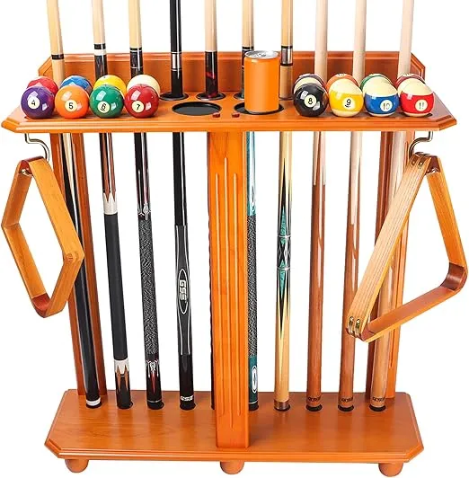 GSE Games & Sports Expert Floor Stand Billiard Pool Cue Racks Only, Holds 10 Pool Cue Sticks, 2 Drink Holders, Billiard Ball Racks and Full Set of Pool Balls (Oak)