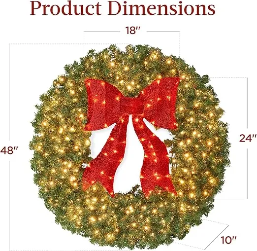Best Choice Products 48in Large Artificial Pre-Lit Fir Christmas Wreath Holiday Accent Decoration for Door, Mantel w/Red Lighted Bow, 250 LED Lights, 714 PVC Tips, Power Plug-in