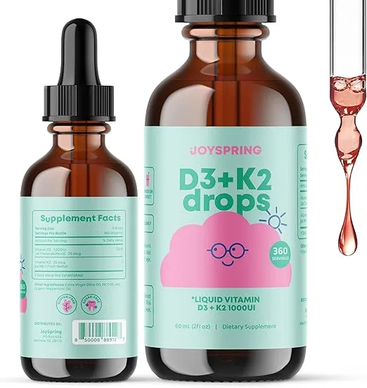 JoySpring Vitamin D3 Kids Drops with Vitamin K2 |360 Servings (2 fl oz)| Vitamin D Toddler Liquid Supplement | Children's Vitamin D Calcium Absorption & Joint Health Support | Vitamin D Kids Ages 3-18