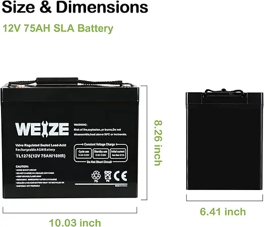 WEIZE 12V 75AH Deep Cycle Battery for Wayne ESP25 WSS30V Backup Sump Pump, Trolling Motor, Solar System, Mobility Wheelchair, General Use