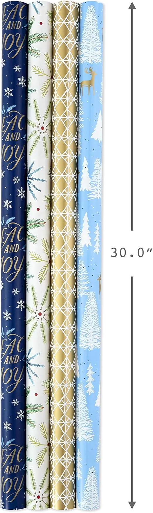 Hallmark Holiday Wrapping Paper Bundle with Cut Lines on Reverse, Elegant Woodland (Pack of 4, 120 sq. ft. TTL) Peace and Joy, Deer, Pinecones, Snowflakes, Blue, Gold