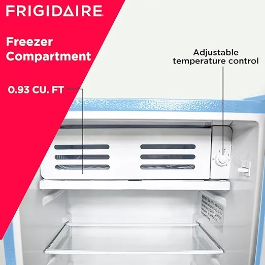 Frigidaire Retro Compact Fridge with Chiller, 3.2 cu ft Countertop Fridge with Built-In Bottle Opener, Compact Refrigerator for Office, Bedroom, Dorm Room or Cabin - 16.5"D x 19"W x 31"H (Blue)