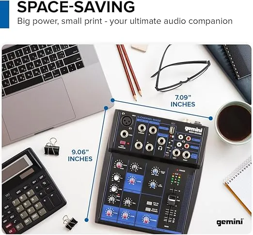 Gemini Sound GEM-05USB - 5-Channel Bluetooth Audio Mixer, USB Playback, Compact DJ Mixer Console with Phantom Power, 2-Band EQ, and FX Control